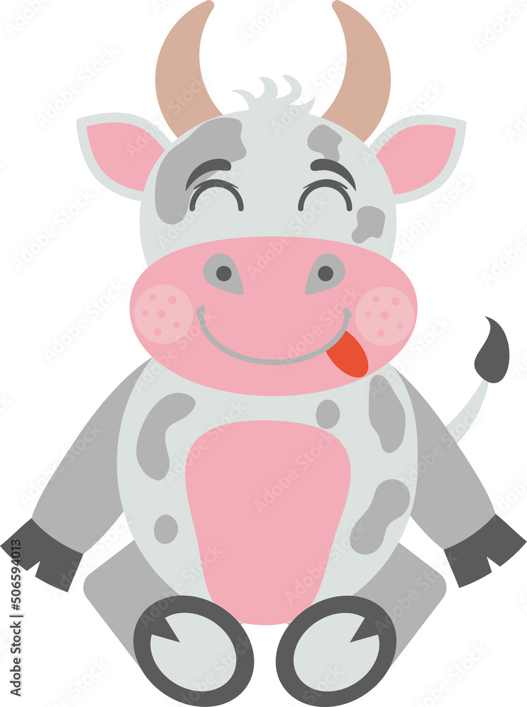 Cute Cow Sitting. Isolated Kawaii Cartoon Vector Drawing of A Sitting Cow On A White Background. 