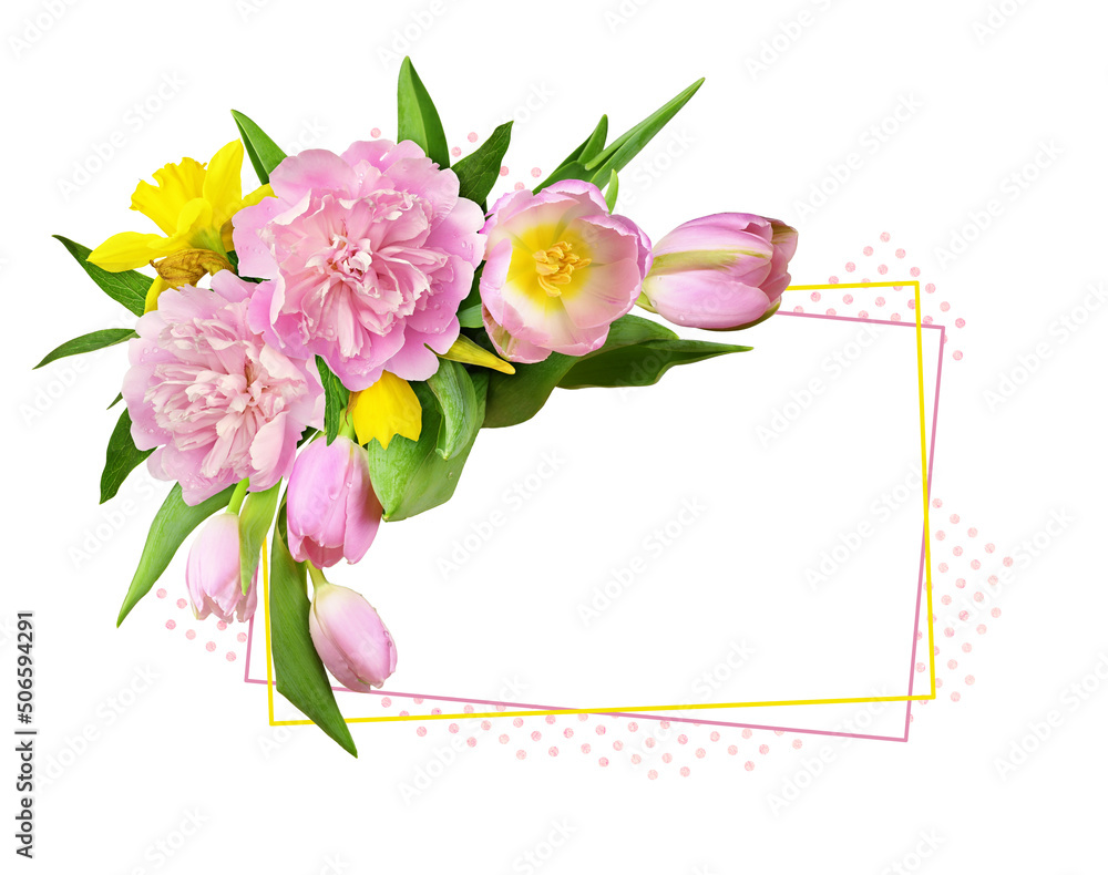 Pink peonies and tulip flowers in a corner floral arrangement with frame isolated on white background with polka dot