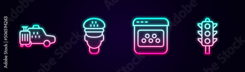 Set line Taxi car, driver, mobile app and Traffic light. Glowing neon icon. Vector