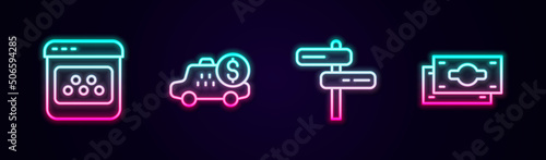 Set line Taxi mobile app, Taximeter device, Road traffic sign and Stacks paper money cash. Glowing neon icon. Vector