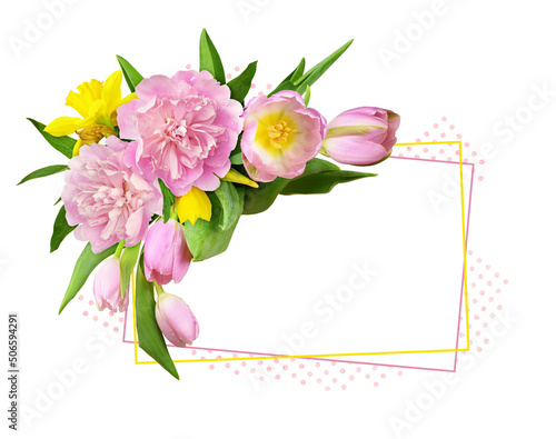 Pink peonies and tulip flowers in a corner floral arrangement with frame isolated on white background with polka dot