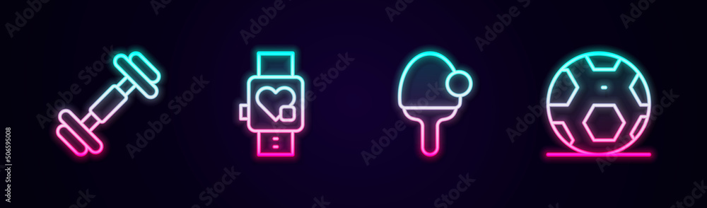 Set line Dumbbell, Smart watch with heart, Racket and Soccer football ball. Glowing neon icon. Vector Set line Dumbbell, Smart watch with heart, Racket and Soccer football ball. Glowing neon icon. Vector