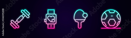 Set line Dumbbell, Smart watch with heart, Racket and Soccer football ball. Glowing neon icon. Vector