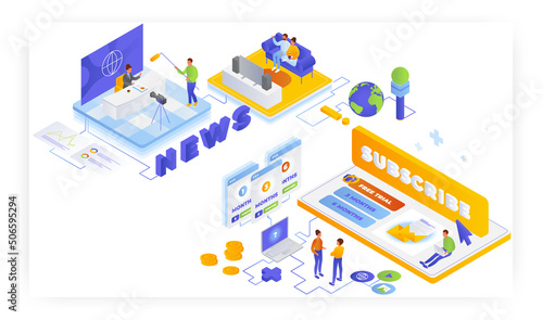 News, newsletter subscription, vector isometric illustration. Tv news broadcasting. People choosing subscription plan.