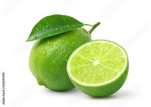 Natural fresh lime with cut in half and water droplets  isolated on white background. Clipping path.