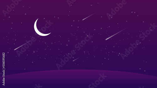 night landscape cartoon scene. dark hill with crescent moon and meteor in starry sky