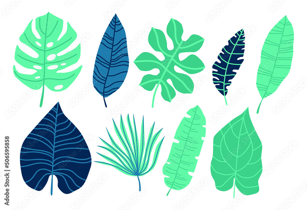 Fototapeta premium Tropical green leaves, branches set isolated on white background. Handwritten font hello summer