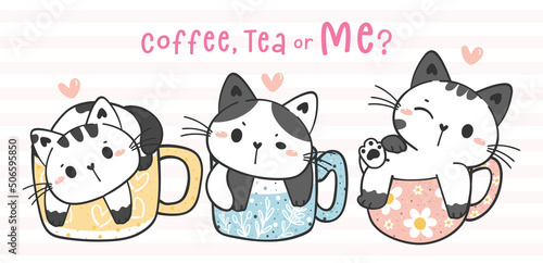 group of three cute playful kitten cats in pottery creamic coffee cup, cat in pastel clay tea cup, pet animal character drawing vector greeting card