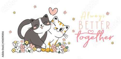 two cute adorable kitty cats in love snuggle in springtime, pet animal cartoon character vector drawing, Better together