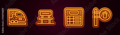 Set line High-speed train, Waiting hall, Train station board and Cafe and restaurant location. Glowing neon icon. Vector