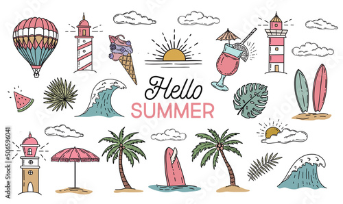 Summer, Surfboard, wave, balloon, lighthouse, palm trees, leaves, monstera, hand drawn illustration, vector.