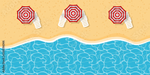 Summer holidays Sun loungers on the seashore Landscape Beautiful seascape Banner Nautical holiday Vector illustration.