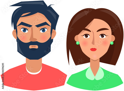 Negative person frowning face upset people. Family with emotion of indignation, calmness. Displeased face of female character. Unhappy man vector illustration. Expressing human emotion, discontent