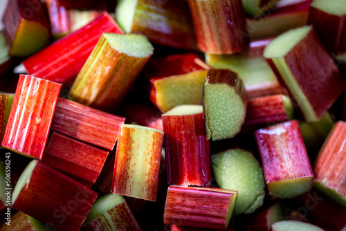 Looking down at a bowl of chopped rhubarb