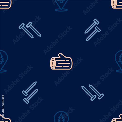 Set line Location of the forest, Metallic nails and Wooden log on seamless pattern. Vector