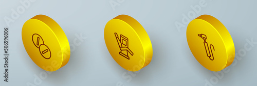 Set Isometric line Toothache painkiller tablet, Medical dental chair and drill icon. Vector