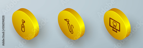 Set Isometric line Electric toothbrush, Tooth drill and Online dental care icon. Vector