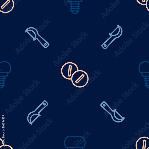 Set line Dental implant, floss and Toothache painkiller tablet on seamless pattern. Vector