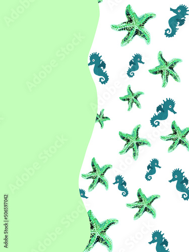 Background with starfish and seahorses on a blue background.