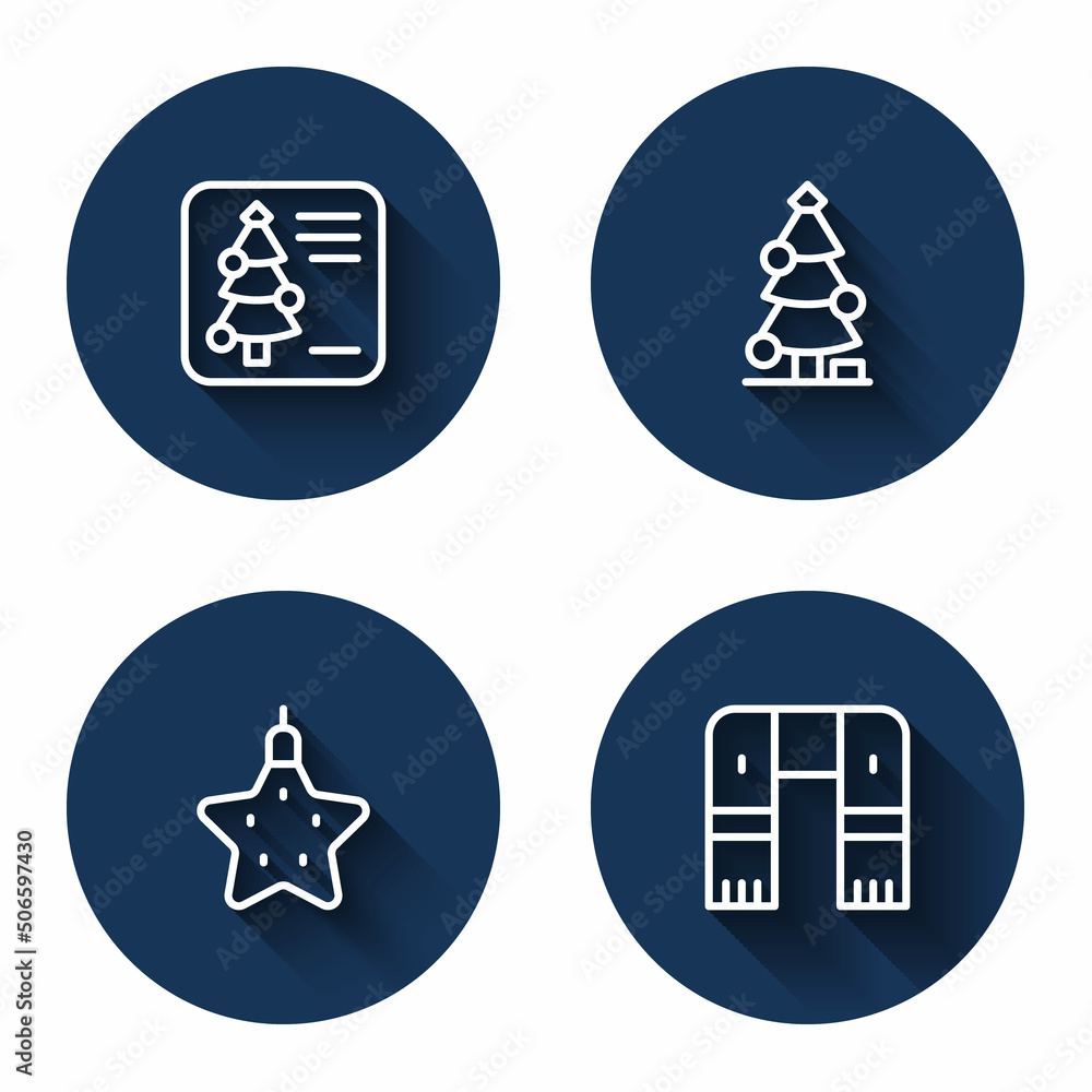 Set line Christmas postcard, tree, star and Winter scarf with long shadow. Blue circle button. Vector