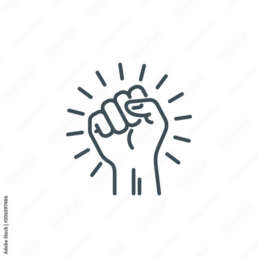 raised up fist in protest no war single line icon isolated on white. Perfect outline symbol raised up fist in revolution riot. freedom power design element with editable Stroke.People rights line icon raised up fist in protest no war single line icon isolated on white. Perfect outline symbol raised up fist in revolution riot. freedom power design element with editable Stroke.People rights line icon