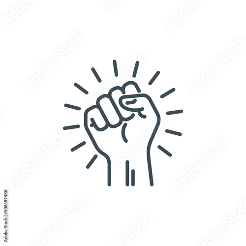 raised up fist in protest no war single line icon isolated on white. Perfect outline symbol raised up fist in revolution riot. freedom power design element with editable Stroke.People rights line icon