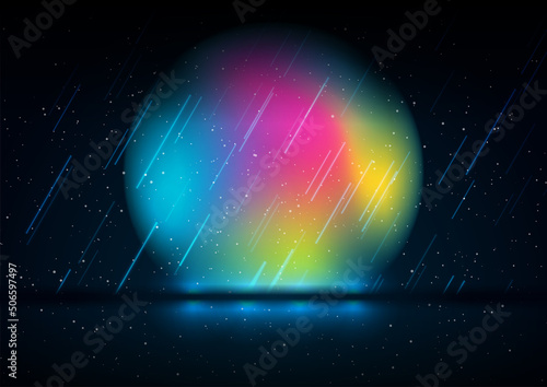 Abstract retro futuristic background with holographic liquid sphere and neon rain. Technology vector design
