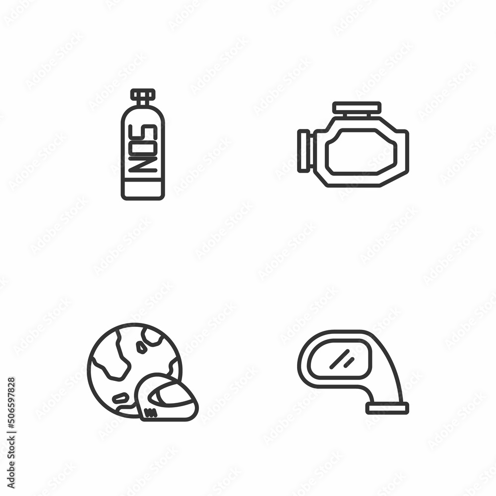 Set line Car mirror, Racing helmet, Nitrous oxide and Check engine icon. Vector Set line Car mirror, Racing helmet, Nitrous oxide and Check engine icon. Vector