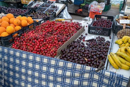 Colorful fresh ripe fruits on farmers market in Alcossebre, Spain