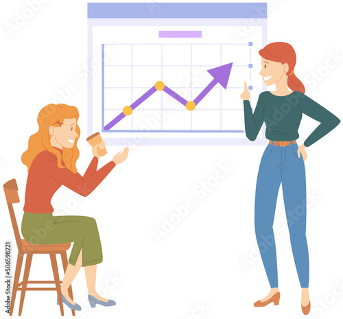Analytics and development statistics. Web analysis measure, product testing technology. Woman analyses digital report. Statistical indicators and data on diagram. Graphic information visualization