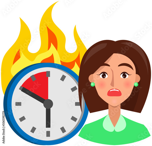 Time management concept. Upset woman portrait near burning clock. Scared girl before deadline. Lady afraid of late work. Shocked face expression of adult person. Clock with fire as symbol of deadline