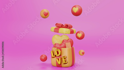 Love Valentine's day design. Realistic 3d gifts boxes. Open gift box full of decorative festive object. Holiday banner, web poster, flyer, stylish brochure, greeting card, cover. Romantic 3d render