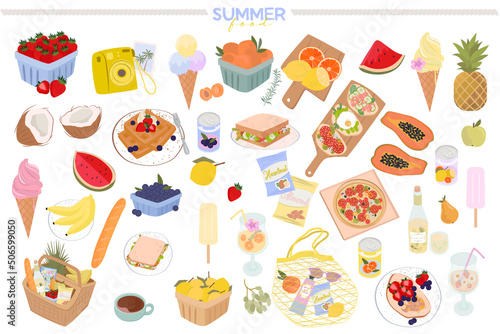 Collection of summer food elements. Season food, picnic icon. Editable vector illustration
