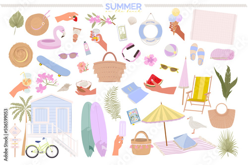 Collection of summer beach elements. Summer leisure activity, camping, season food, picnic icon. Editable vector illustration