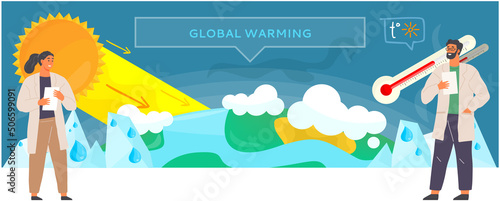 Global warming, climate change concept. Scientists study change in temperature on Earth. People make analysis of ecology and environment of planet. Scientific research with melting glaciers