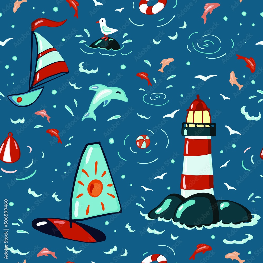 Sea summer fun seamless pattern for packaging, backgrounds, printing on textiles and wrapping paper, scrapbooking, happy red white, blue doodle design, hand drawn objects against dark blue backdrop 