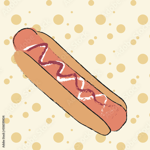 hand drawn sausage in dough, hot dog . on a beige background with dots. for packaging, covers, wrapping paper. vector illustration.