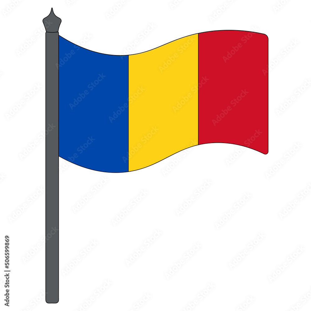 Fototapeta premium Flag of Romania. Color vector illustration. The fabric is decorated with three vertical stripes. The national symbol of the state develops in the wind. Cartoon style. Isolated background. Political 