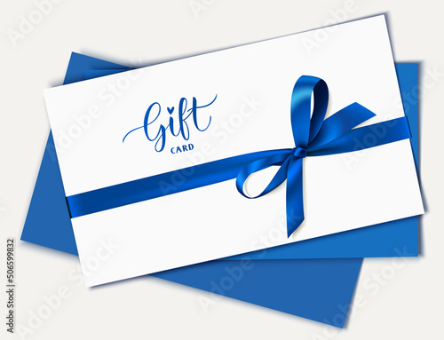 Decorative white gift card design template with blue bow and ribbon. Fathers day or New Year holiday element. Vector illustration	