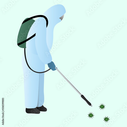 Disinfector in a mask and protective suit. Vector illustration. The specialist disinfects the air from the coronavirus infection COVID-19. Isolated green background. Flat style. 