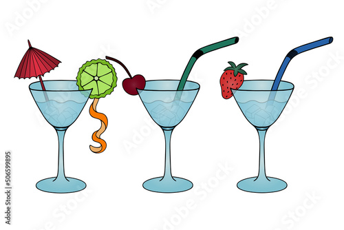 Martini with ice cubes and a straw in a wine glass. Set of vector illustrations. Alcoholic drinks decorated with strawberries, cherries, lime wedges, orange zest and umbrella. Isolated background. 