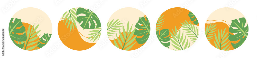 A set of highlight icons for social media stories. Tropical summer cover templates. Vector graphics.