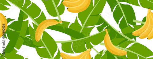 Horizontal seamless pattern with green banana leaves and bananas. Bright summer design for print on different surfaces, textile, wrapping paper.