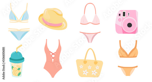 Set of summer accessories. Bikini, beach bag, camera instax, cup of lemonade, swimsuit.
