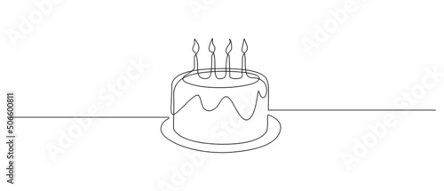 Continuous one line drawing of birthday cake with candles. Symbol of sweet celebration torte and pastry confectionery icon concept in simple linear style. Editable stroke. Doodle vector illustration