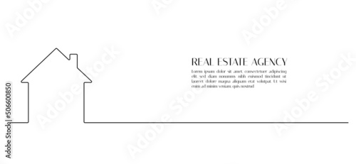 One continuous line drawing of house building. Symbol home architecture and development property project in simple linear style. Real estate banner. Editable stroke. Doodle vector illustration