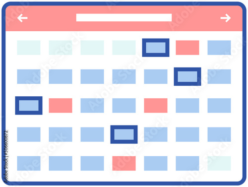 Planning and time management symbol. Timetable, agenda planner with dates vector illustration. Creating reminder, daily plan, schedule concept. Calendar with notes for scheduling meeting or holidays
