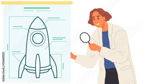 Search for solutions, strategy planning, project creation. Woman in lab coat creates plan, new idea. Lady works with development of project. Engineers analyses rocket as symbol of startup launch