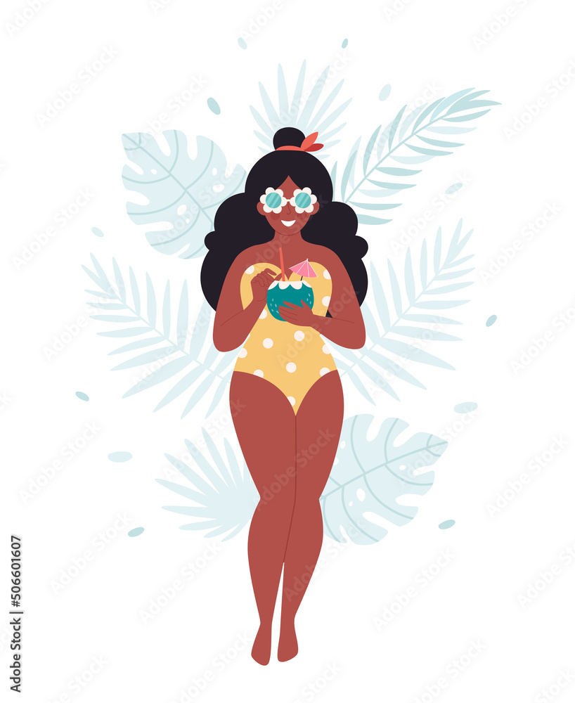 Black woman with summer cocktail on tropical leaves background. Hello summer, vacation, summertime, summer party. Woman in retro swimsuit and retro glasses. Hand drawn vector illustration