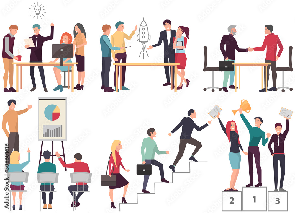 Set of illustrations about business development, strategy planning, success. Teamwork with business, discussing creative project. Colleagues discussing work in business. Successful project development Set of illustrations about business development, strategy planning, success. Teamwork with business, discussing creative project. Colleagues discussing work in business. Successful project development